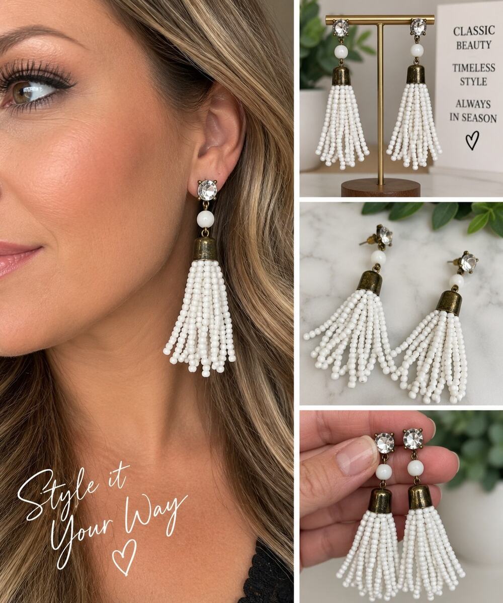 White Seed Bead Tassel Earrings Rhinestone Gold Tone Dangle Fringe Statement